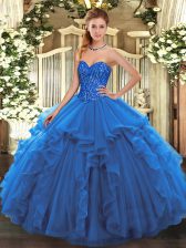  Blue Sweetheart Neckline Beading and Ruffles Quince Ball Gowns Sleeveless Lace Up