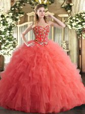 Latest Watermelon Red Ball Gown Prom Dress Military Ball and Sweet 16 and Quinceanera with Embroidery and Ruffles Sweetheart Sleeveless Lace Up