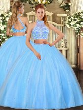 Charming Sleeveless Floor Length Beading Criss Cross Quinceanera Dress with Aqua Blue