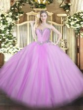 Sexy Lavender Ball Gowns Beading 15 Quinceanera Dress Lace Up Tulle Sleeveless Floor Length