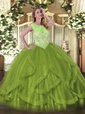 Decent Floor Length Olive Green Sweet 16 Dress Tulle Sleeveless Beading and Ruffles