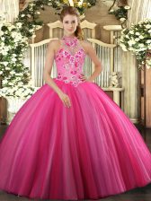 Deluxe Tulle Halter Top Sleeveless Lace Up Embroidery Quinceanera Gowns in Hot Pink
