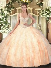 Inexpensive Straps Sleeveless Lace Up Vestidos de Quinceanera Peach Tulle