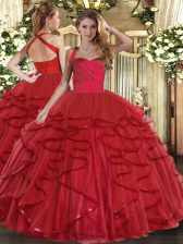 Flare Wine Red Tulle Lace Up Sweet 16 Dresses Sleeveless Floor Length Ruffles