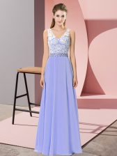  V-neck Sleeveless Floor Length Beading Lavender Chiffon