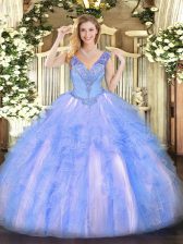  Light Blue Sleeveless Organza Lace Up Quinceanera Gowns for Military Ball and Sweet 16 and Quinceanera