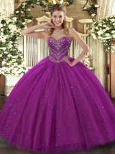 Artistic Fuchsia Lace Lace Up Sweetheart Sleeveless Floor Length Quinceanera Dress Beading