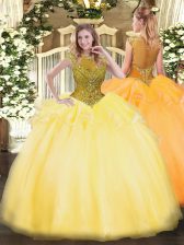 Inexpensive Floor Length Gold 15th Birthday Dress Scoop Cap Sleeves Zipper