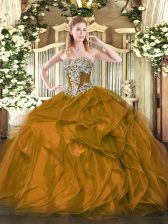 Unique Strapless Sleeveless 15 Quinceanera Dress Floor Length Beading and Ruffles Brown Organza