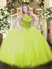 Unique Yellow Green Ball Gowns Tulle Scoop Sleeveless Beading Floor Length Zipper Quinceanera Dress