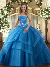 Amazing Baby Blue Ball Gowns Strapless Sleeveless Tulle Floor Length Lace Up Beading and Ruffled Layers Quinceanera Dresses