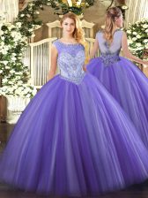 Adorable Lavender Tulle Zipper Scoop Sleeveless Floor Length Sweet 16 Dresses Beading