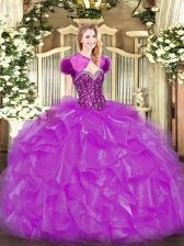 Fabulous Fuchsia Lace Up Sweetheart Beading and Ruffles Quinceanera Dresses Organza Sleeveless