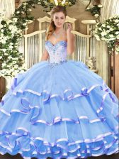  Sleeveless Organza Floor Length Lace Up Quinceanera Dress in Blue with Beading and Ruffled Layers
