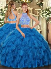 Modest Floor Length Blue Quince Ball Gowns Organza Sleeveless Beading and Ruffles