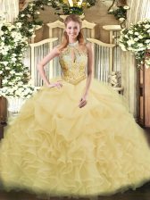 Vintage Floor Length Champagne Vestidos de Quinceanera Halter Top Sleeveless Lace Up