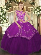 Charming Satin and Tulle Scoop Cap Sleeves Lace Up Embroidery Quince Ball Gowns in Eggplant Purple