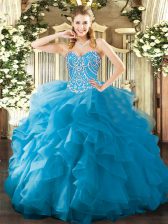 Chic Organza Sweetheart Sleeveless Lace Up Beading and Ruffles Sweet 16 Dress in Aqua Blue