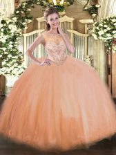  Peach Tulle Lace Up Sweet 16 Dresses Sleeveless Floor Length Beading