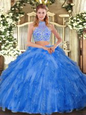 Most Popular Halter Top Sleeveless Criss Cross Sweet 16 Dress Teal Tulle