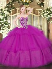 Low Price Fuchsia Ball Gowns Sweetheart Sleeveless Tulle Floor Length Lace Up Beading and Ruffled Layers Sweet 16 Dresses