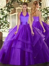 Flare Sleeveless Floor Length Ruffled Layers Lace Up Quinceanera Gowns with Purple