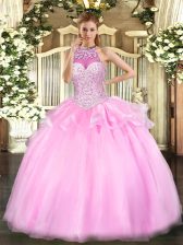 Modest Sleeveless Floor Length Beading Lace Up Sweet 16 Quinceanera Dress with Pink 