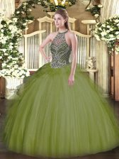 Trendy Olive Green Lace Up Halter Top Beading Sweet 16 Quinceanera Dress Tulle Sleeveless