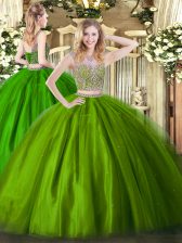  Floor Length Lace Up Quinceanera Gown Olive Green for Military Ball and Sweet 16 and Quinceanera with Beading