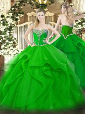 Hot Sale Green Sleeveless Beading and Ruffles Floor Length Quince Ball Gowns