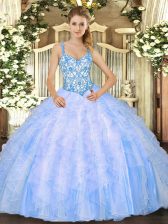  Floor Length Baby Blue Quince Ball Gowns Straps Sleeveless Lace Up