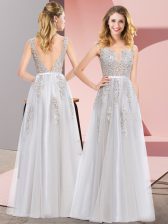 Shining Floor Length Grey Prom Gown Square Sleeveless Backless