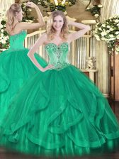 Perfect Sleeveless Floor Length Beading and Ruffles Lace Up 15th Birthday Dress with Turquoise