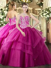 Amazing Fuchsia Sleeveless Tulle Lace Up 15 Quinceanera Dress for Military Ball and Sweet 16 and Quinceanera
