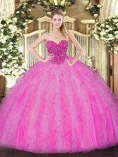  Fuchsia Lace Up Quinceanera Gowns Beading and Ruffles Sleeveless Floor Length