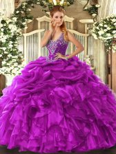 Perfect Straps Sleeveless Vestidos de Quinceanera Floor Length Beading and Ruffles and Pick Ups Fuchsia Organza