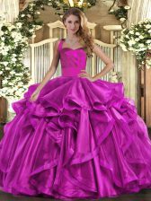 Pretty Fuchsia Organza Lace Up Halter Top Sleeveless Floor Length 15 Quinceanera Dress Ruffles