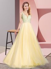 Clearance Floor Length Gold Prom Party Dress Tulle Sleeveless Lace