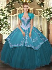  Sweetheart Sleeveless 15th Birthday Dress Floor Length Beading and Embroidery Teal Satin and Tulle