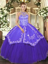  Sleeveless Satin and Tulle Floor Length Lace Up Sweet 16 Dresses in Purple with Beading and Embroidery