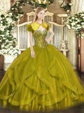 Flare Olive Green Sweetheart Lace Up Beading and Ruffles Ball Gown Prom Dress Sleeveless