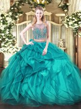 Sophisticated Organza Scoop Sleeveless Lace Up Beading and Ruffles Ball Gown Prom Dress in Teal 