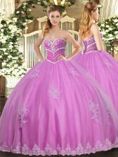 Popular Rose Pink Ball Gowns Tulle Sweetheart Sleeveless Beading and Appliques Floor Length Lace Up 15th Birthday Dress