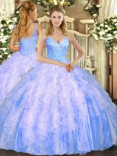  Floor Length Ball Gowns Sleeveless Light Blue Quinceanera Gowns Lace Up