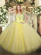 Most Popular V-neck Sleeveless Lace Up 15 Quinceanera Dress Light Yellow Tulle