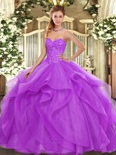 Discount Lilac Lace Up Quinceanera Gowns Beading and Ruffles Sleeveless Floor Length