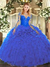 Customized Organza Scoop Long Sleeves Lace Up Lace and Ruffles Sweet 16 Dresses in Blue