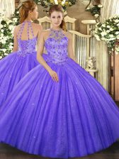  Lavender Ball Gowns Beading and Embroidery Ball Gown Prom Dress Lace Up Tulle Sleeveless Floor Length