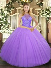 Designer Lavender Sleeveless Beading Floor Length Quince Ball Gowns