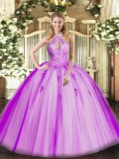 Attractive Tulle Halter Top Sleeveless Lace Up Lace and Appliques Quinceanera Dresses in Fuchsia